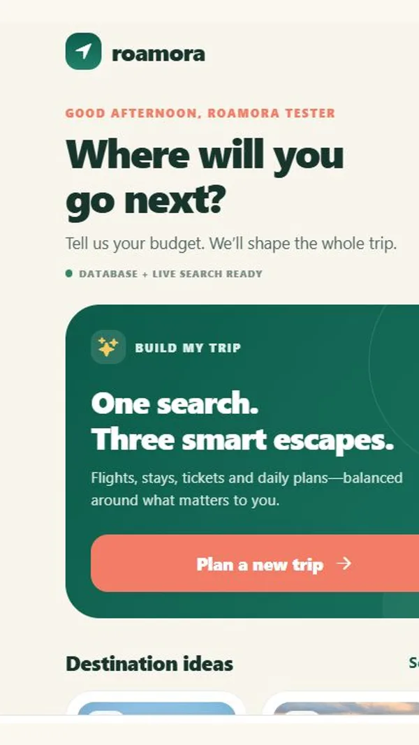 Roamora home screen with a button to plan a new trip